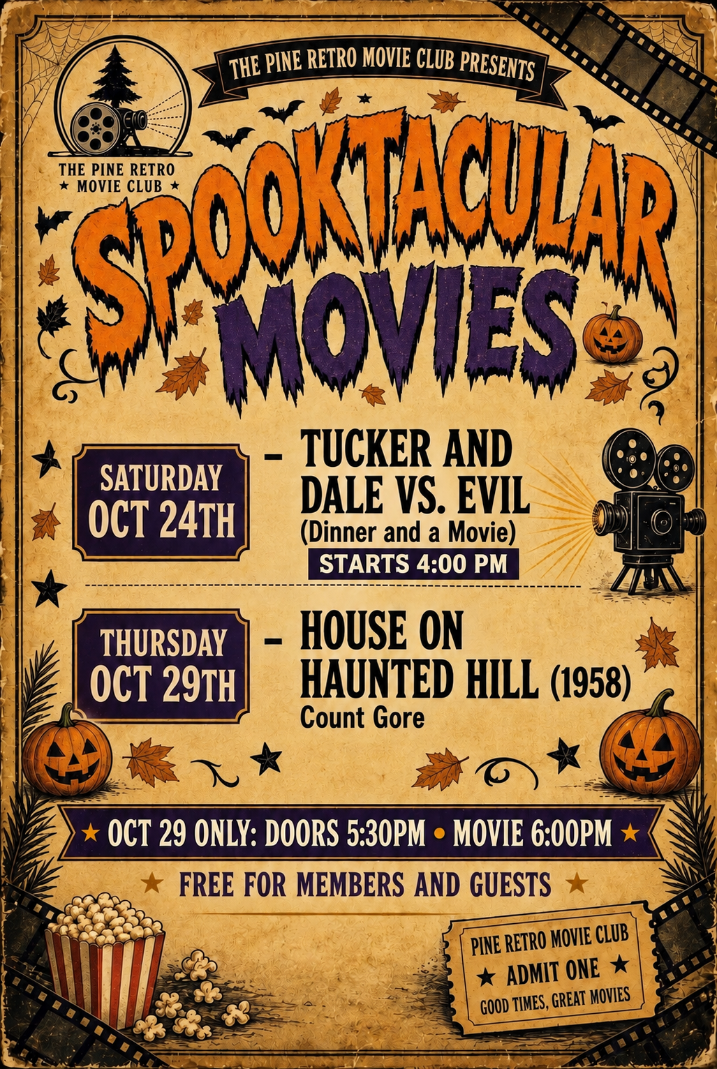 Pine Retro Movie Club: Tucker and Dale vs. Evil, Saturday October 24 at 4 PM, dinner and a movie; House on Haunted Hill (1958), Thursday October 29, Count Gore, doors 5:30 PM, movie 6 PM. Free for members and guests.