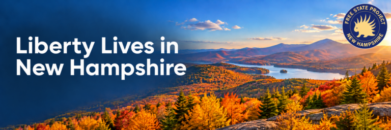 Liberty Lives in New Hampshire — autumn mountains and lake with the Free State Project logo.