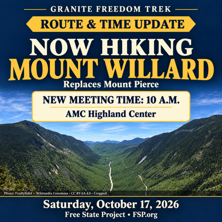 Granite Freedom Trek route and time update: Mount Willard replaces Mount Pierce; meet at 10 AM at the AMC Highland Center on Saturday, October 17, 2026.